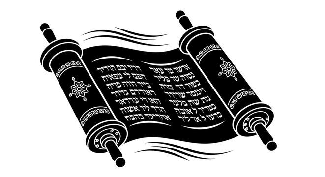 Black and white vector illustration of an open Torah scroll with Hebrew script.