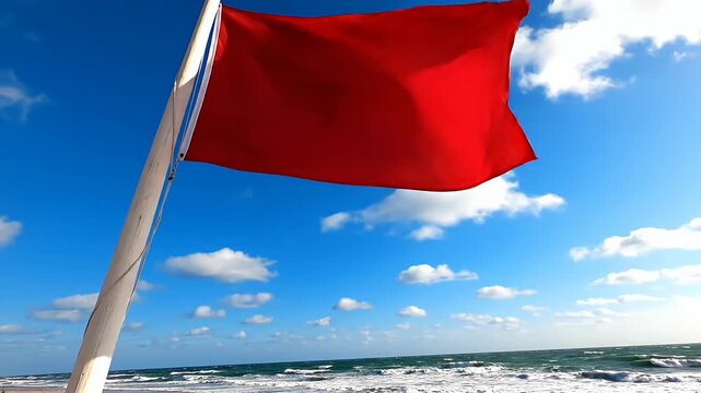 Red warning flag waving on beach under blue sky