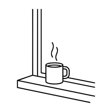 Minimalist line art of a coffee mug on a window sill with rising steam on a white background, cozy morning atmosphere