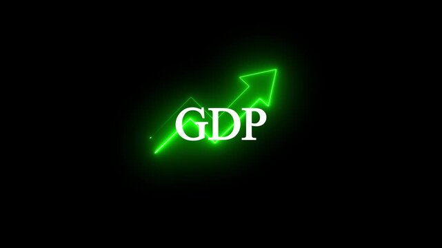 Glowing neon GDP growth line icon animation featuring bold GDP text with an upward arrow symbolizing economic expansion, financia.