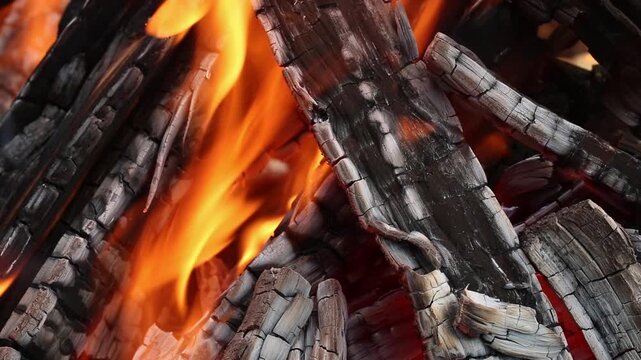 Glowing hot charcoal in barbecue grill pit with open flames close up background texture for bbq cooking and outdoor fire concept