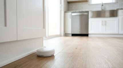 Fototapeta premium Smart Home Cleaning Concept, White Robotic Vacuum Cleaner on Bright Modern Kitchen Floor