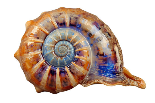 Nautilus shell displaying iridescent blue and orange colors with intricate spiral pattern on transparent background