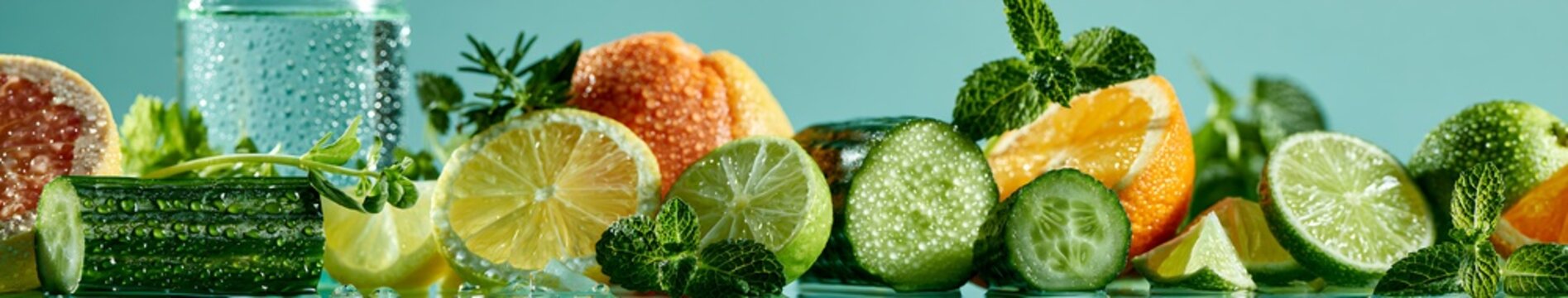 Refreshing Drink Wide banner of sliced citrus and cucumber with fresh mint, condensation and a glass bottle