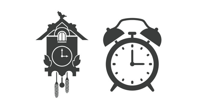 Set of black silhouette icons of a traditional cuckoo clock and a classic twin bell alarm clock.