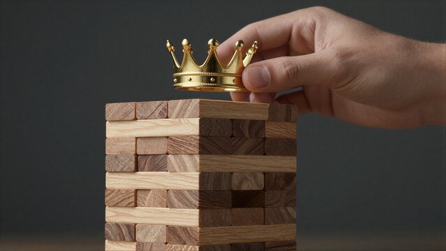 Hand places golden crown atop precarious wooden block tower, symbolizing power and risk.
