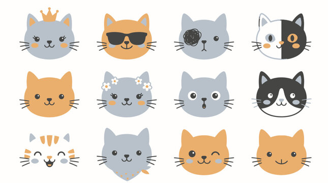 Set of minimalist pastel cat face illustrations