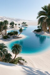 Fototapeta premium Wide desert oasis with water pools and palm trees in a sand dune landscape during daylight Generative AI