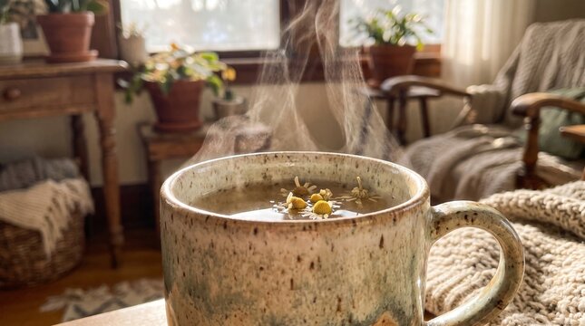 Steaming Cup of Herbal Tea on Cozy Sofa, Sunlight
