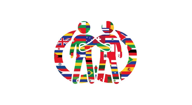 Two human figures shaking hands inside a circle composed of many international world flags.