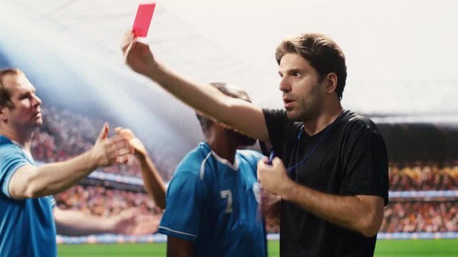 Red card held by football referee with players protesting dismissal decision, unsportsmanlike conduct and controversy, dramatic scene during soccer game, footballer sent off, with match conflict.