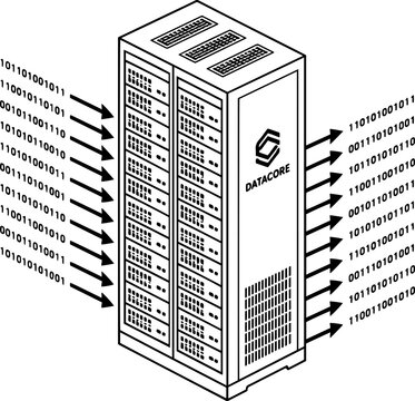 Isometric data center server tower with incoming and outgoing binary code streams for IT infrastructure vector design