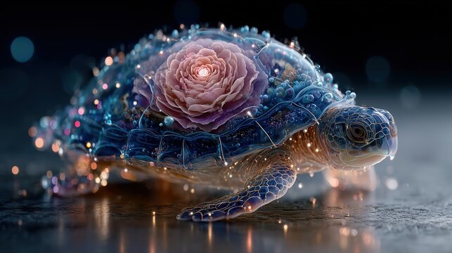 Magical Fantasy Turtle with Glowing Rose Shell, Bioluminescent Digital Art