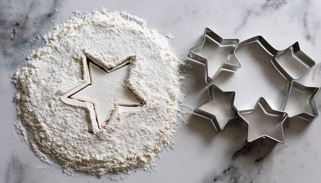 minimalist baking concept with star shaped cookie cutter on circle flour dusting on light grey marble background