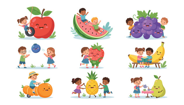 Cute kids and fruit vector character illustration set with happy children playing with apple watermelon strawberry banana orange and grapes
