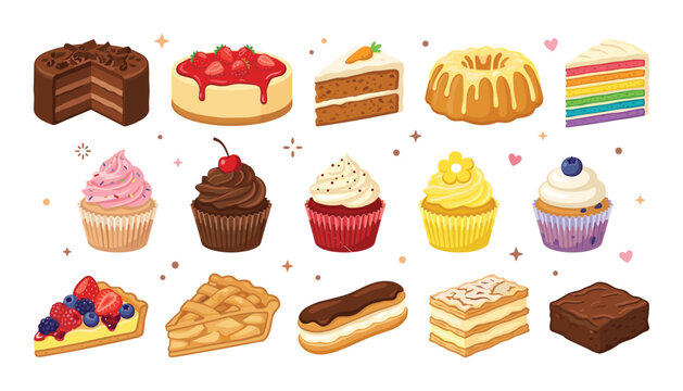 Cake and dessert vector illustration set with chocolate cupcake strawberry pie rainbow slice brownie and eclair on white background