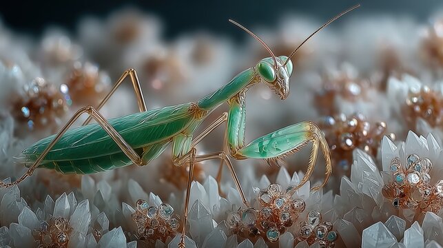 Artistic Macro Image of a Vibrant Green Praying Mantis Perched on a Field of Translucent White Crystals