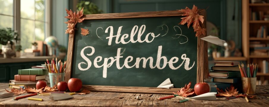 Chalkboard with hello september message, surrounded by school supplies, books, and autumn leaves on a wooden desk