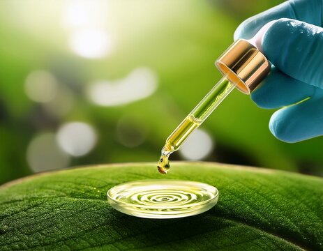 clean global cosmetic research background showing a cropped shot evaluating a pure plant based oil sample on skin