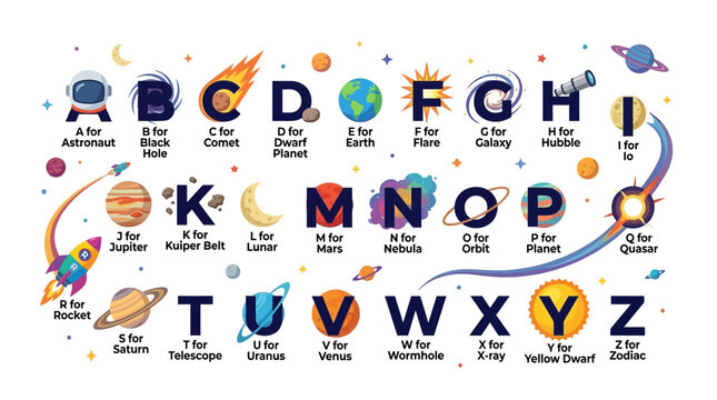 Space Alphabet Poster for Kids with Educational Astronomy Icons