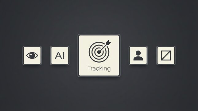 Sequence of five square icon cubes featuring tracking target artificial intelligence vision and user profile symbols