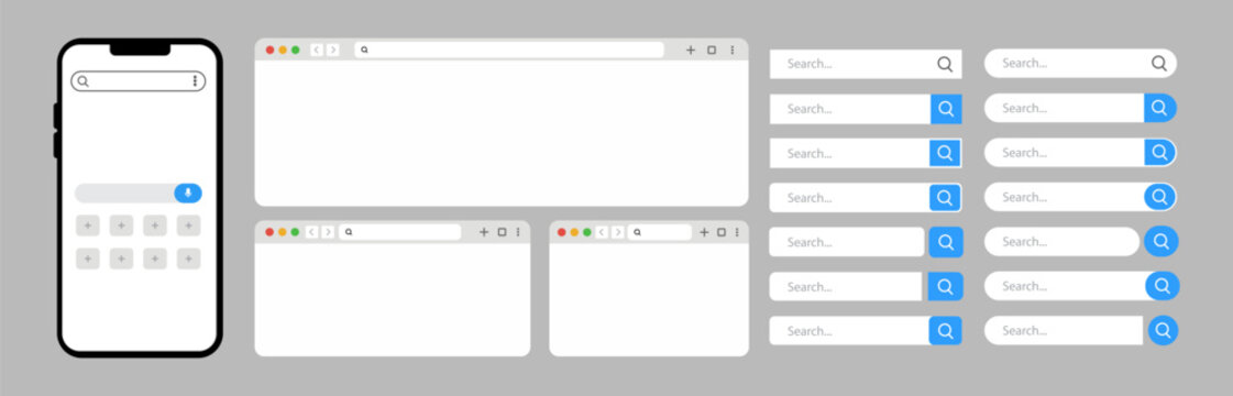 Browser and Search Bar UI Kit. Smartphone Website Interface, Blank Browser Windows, Address Bar, Search Box, and Web Navigation Templates. Flat Vector Illustration.