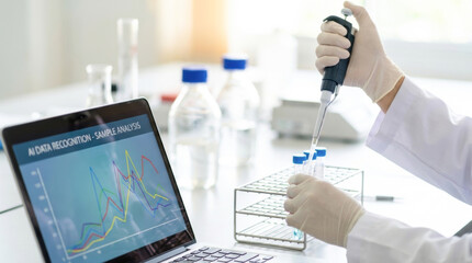 Fototapeta premium Scientist wearing gloves using a pipette with test tubes next to a laptop displaying AI data recognition representing automated laboratory research, smart analytics, and modern scientific discovery.
