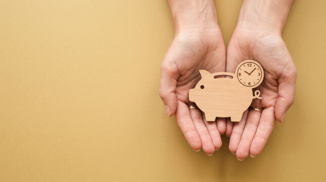 Hands holding a wooden piggy bank with a clock icon representing long term savings, retirement planning, and time is money concept.