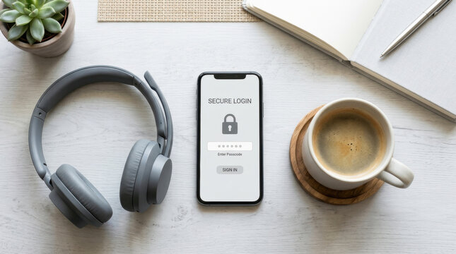 Smartphone displaying a secure login screen with a padlock next to headphones and coffee representing cybersecurity, remote work privacy, and safe digital access.