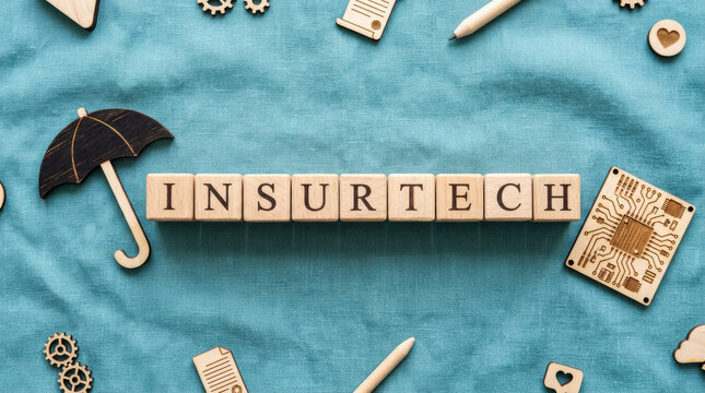 Wooden blocks spelling insurtech next to a wooden umbrella and microchip representing insurance technology, digital transformation, and smart policy protection.