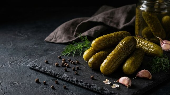 A still life arrangement of whole pickled cucumbers and garlic cloves with dill and peppercorns