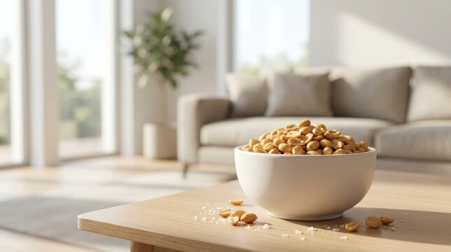 A white bowl overflowing with salted peanuts sits on a wooden table in a sunlit living room