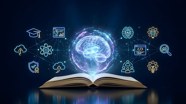 Artificial intelligence education concept with open book and glowing digital brain hologram connected to machine learning icons