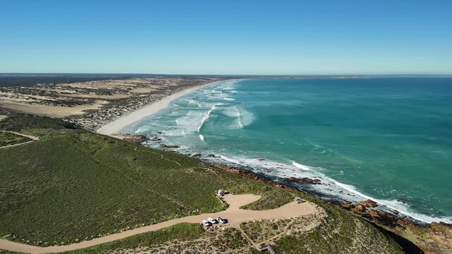 Daly Head Road Beach, White Hut, Yorke Peninsula, South Australia &ndash; 4K aerial drone view of pristine beach, sand dunes and Southern Ocean coastline near Dhilba Guuranda&ndash;Innes National Park
