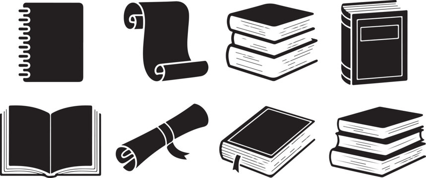 Books stack and opened diary icons collection depicting academic library learning supplies for school or university reading sets.