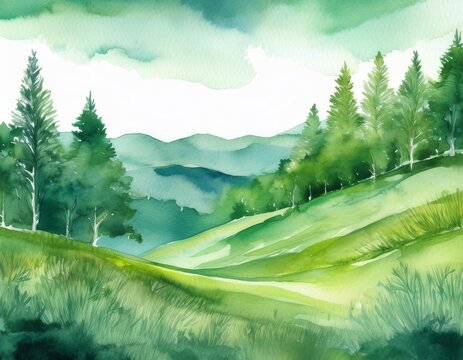 watercolor green landscape of forest hill