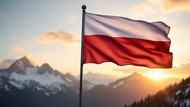 Polish Flag Waving in Front of Snowy Mountains at Sunset