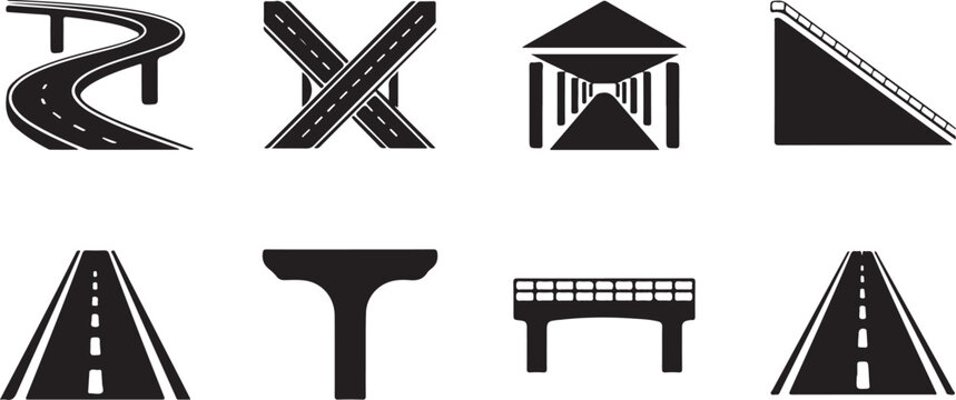 Road infrastructure icons set showing winding highways intersection tunnels bridges and crosswalks for urban travel planning.