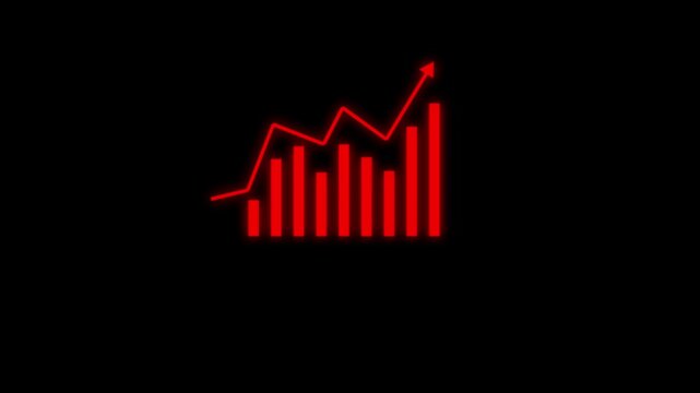 business and finance growth bar graph animation featuring rising chart columns and an upward trend line in glowing neon line style. Ideal for financial reports, investment presentations, stock market