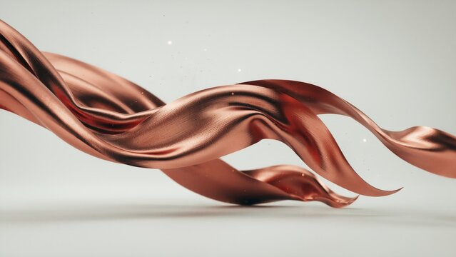 Metallic copper silk flowing like liquid across clean background, realistic woven texture, elegant warm reflections