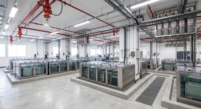 Industrial immersion cooling facility modern data center infrastructure with sealed tanks and safety systems