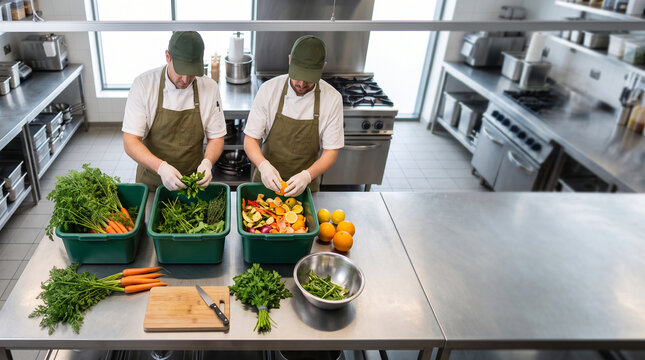 Kitchen team organizes fresh scraps for restaurant composting