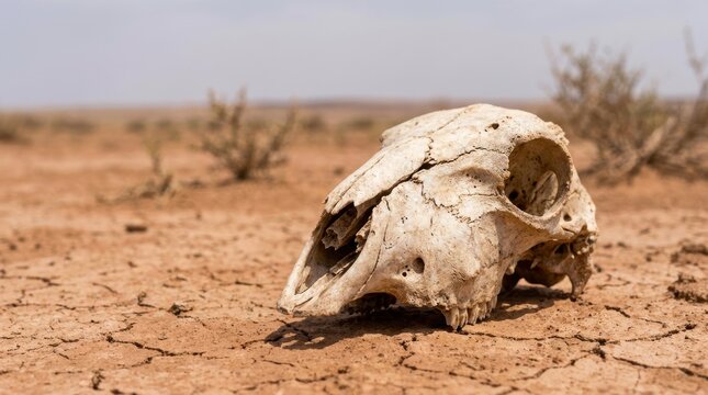 A bleached animal skull rests on cracked dry earth in a barren arid landscape Global Warming