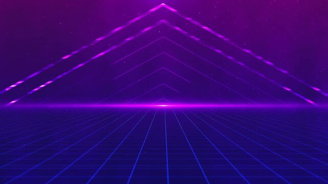 Magenta futuristic pyramid horizon layered triangle frames, blue grid floor, and dark purple space. for electronic music loops, tech promos, retro titles, virtual travel scenes, and motion graphics.