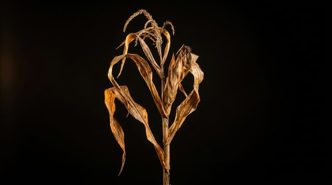 A single dried corn stalk with withered leaves and tassels against a dark void Global Warming