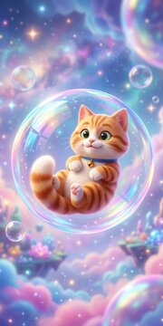 Adorable orange kitten floating inside iridescent bubble in dreamy pastel fantasy sky magical vertical mobile wallpaper cute aesthetic scene