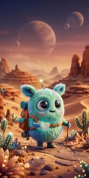 Adorable fluffy alien explorer holding map in futuristic desert with giant planets whimsical sci fi adventure vertical mobile wallpaper