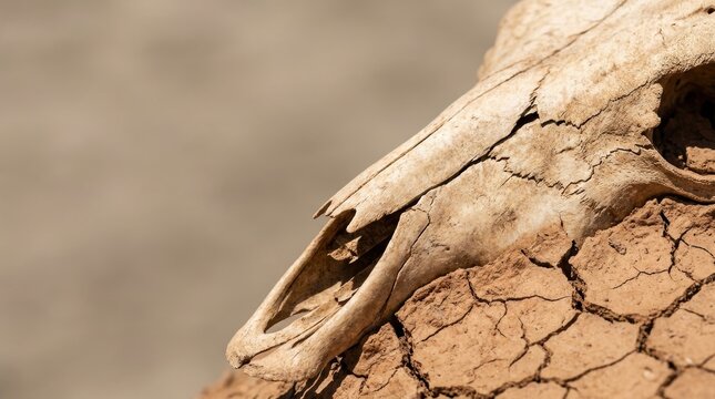 Close up of a dry cracked animal skull resting on parched arid earth Global Warming
