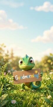 Cute smiling chameleon holding Good Morning sign in sunny meadow with flowers cheerful vertical mobile wallpaper positive greeting scene