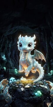 Cute glowing baby dragon standing in magical crystal cave with luminous mushrooms fantasy creature vertical mobile wallpaper enchanting adventure scene